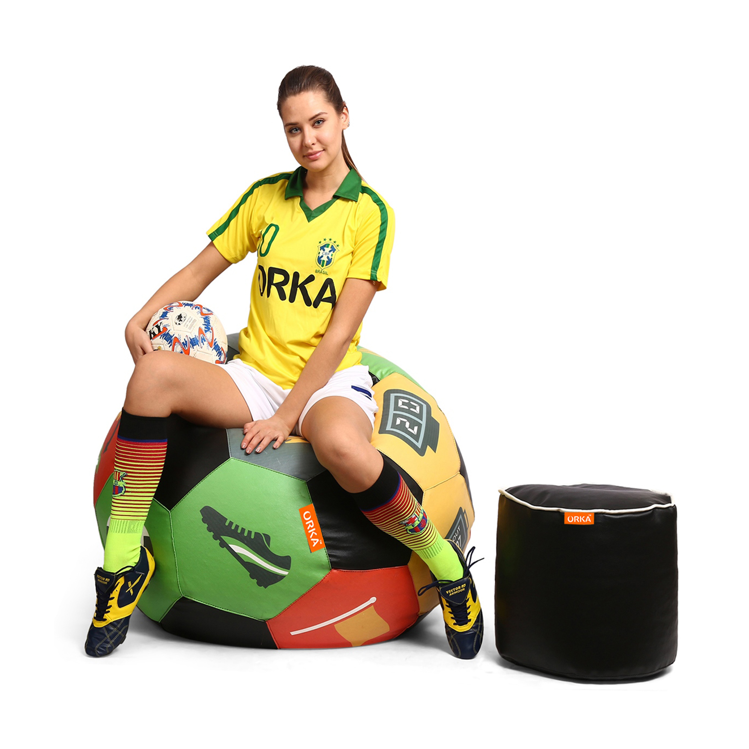Orka Digital Printed XXXL Foorball With Mathching Footstool Filled Bean Bag With Beans (FB52 Multicolor)